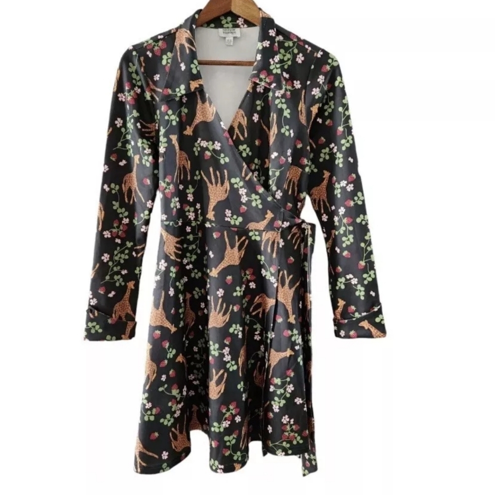 NWT Unique Vintage Giraffe & Strawberries wrap dress sz 2 green